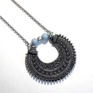 ZAD Silvertone & Turquiose Bead Statement Necklace Long Pendant Boho Bohemian